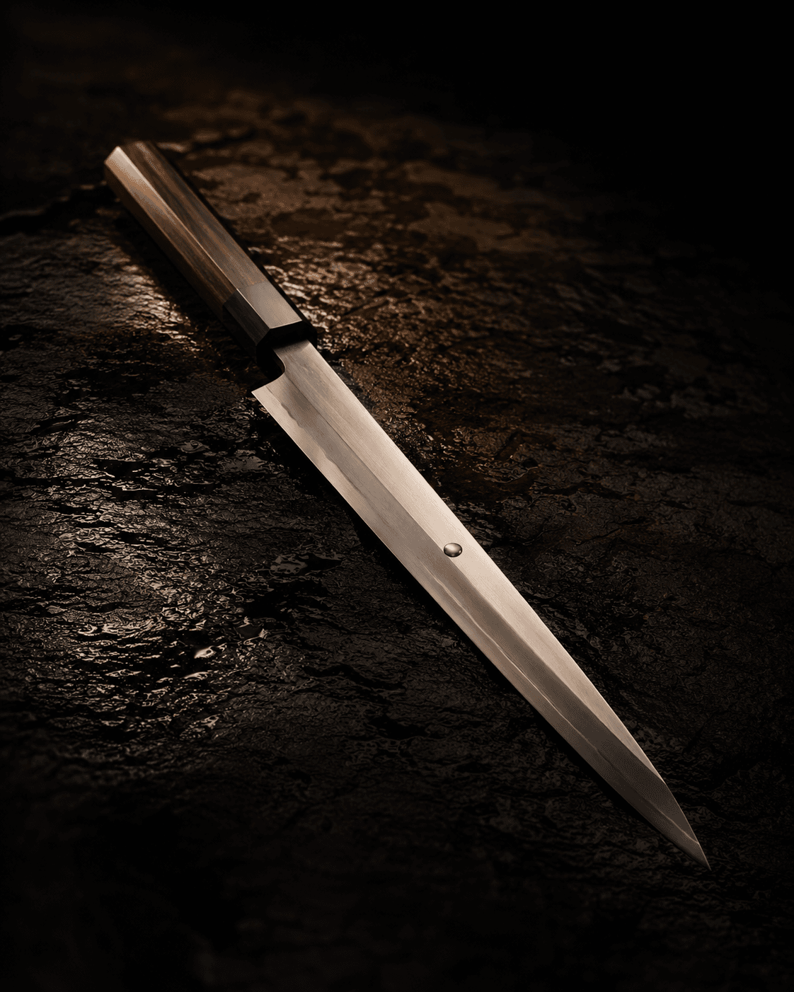 A sushi knife resting on dark slate
