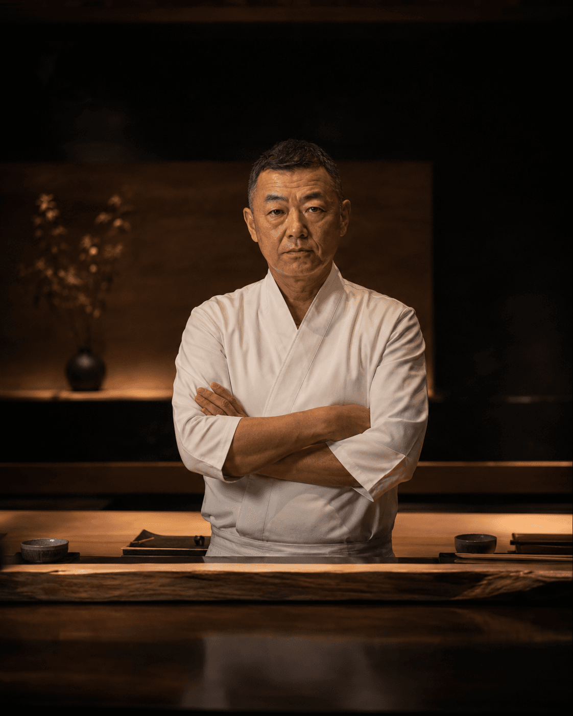 Portrait of itamae Takeshi Mori at the counter