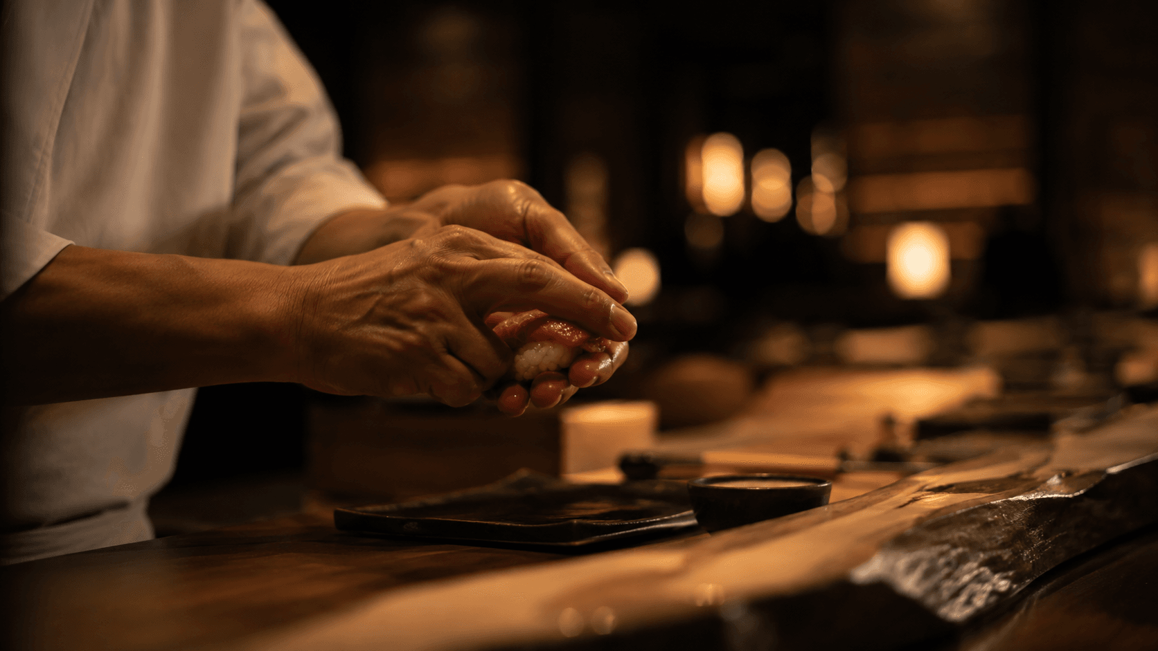 Hands shaping a piece of nigiri at the counter